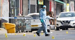 Investigators wearing blue overalls, masks and gloves inspected the scene on Coldharbour Lane in Brixton, south London