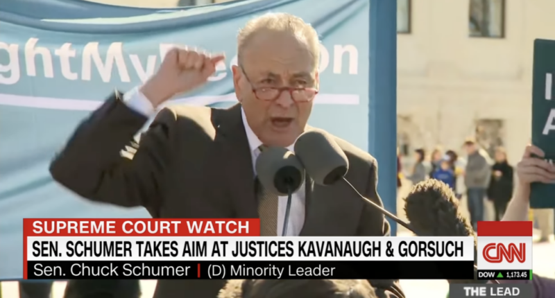 Senate Minority Leader Chuck Schumer, D-N.Y., speaks at a rally near the Supreme Court in March 2020 warning that conservative justices 'will pay the price' should they overturn Roe v. Wade.