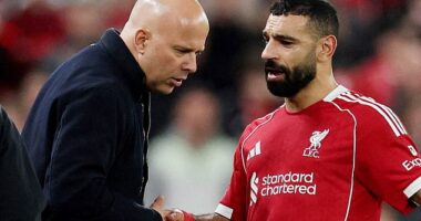Mohamed Salah's bombshell outburst at Elland Road last December spelled the end for his time at Liverpool and sparked a civil war with Arne Slot (left)