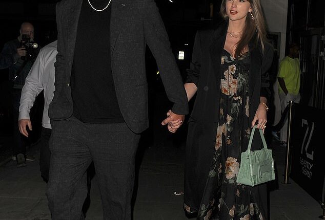 Taylor Swift was hand-in-hand with her fiancé Travis Kelce as they joined the star-studded turnout for Poppy Delevingne's 40th birthday on Thursday