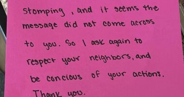 An apartment resident came home to find this 'passive aggressive' note taped to their door. The note came only hours after their landlord had sent them a formal noise complaint