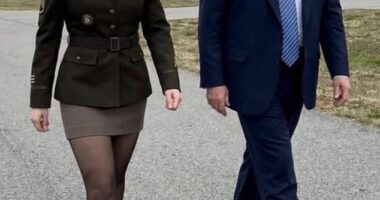 Foster posed on the tarmac with President Trump, sporting high heels and a slicked-back hairstyle. (This photo of Foster and Trump is AI-generated)