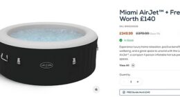 This compact four-person inflatable hot tub is ideal for smaller spaces and features an in-built air-jet massage system