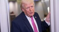 President Donald Trump speaks to reporters on board Air Force One Sunday night. Fresh polling from the Daily Mail and JL Partners shows Trump getting a 3 point bump, after he said the US was negotiating with Iran for a ceasefire deal