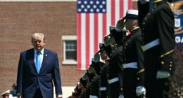 President Donald Trump delivered a colorful commencement address at the US Coast Guard Academy on Wednesday, blending hardline foreign-policy warnings with an ultimate dad-speech style in which he fawned over the physiques of graduates and wiped away student disciplinary records