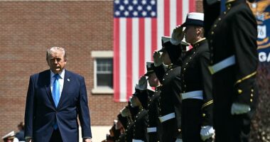 President Donald Trump delivered a colorful commencement address at the US Coast Guard Academy on Wednesday, blending hardline foreign-policy warnings with an ultimate dad-speech style in which he fawned over the physiques of graduates and wiped away student disciplinary records