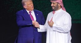 Donald Trump (L) and Saudi Crown Prince Mohammed bin Salman bin Abdulaziz Al Saud (R) attend the Keynote Address at the Saudi-US Investment Forum in Riyadh, Saudi Arabia, May 13, 2025