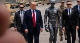 The President and bodyguards flank the handcuffed extra terrestrial at a US military base, in the image posted on Truth Social Sunday