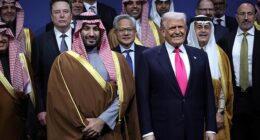 President Donald Trump and Crown Prince and Prime Minister Mohammed bin Salman of Saudi Arabia, with Tesla CEO Elon Musk, Nvidia CEO Jensen Huang and other participants at the US-Saudi Investment Forum at the Kennedy Center on November 19 in Washington, DC