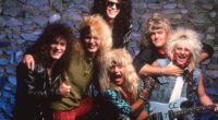 American glam rock band, Poison, including Bret Michaels, Rikki Rockett, C.C. Deville and Bobby Dall, on January 9, 1987, at the Joe Louis Arena in Detroit, Michigan