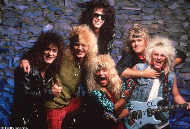 American glam rock band, Poison, including Bret Michaels, Rikki Rockett, C.C. Deville and Bobby Dall, on January 9, 1987, at the Joe Louis Arena in Detroit, Michigan