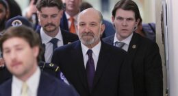 Commerce Secretary Howard Lutnick (center) arrives on Capitol Hill on May 6 for a closed-door interview with members of the House Oversight Committee about his ties with pedophile Jeffrey Epstein