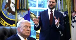 Vice President JD Vance (R) speaks to the media as President Donald Trump looks on during a ceremony in the Oval Office of the White House on March 16