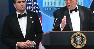 Donald Trump speaks flanked by acting Attorney General Todd Blanche during a press briefing after an assassination attempt at the White House Correspondents' Dinner on April 25