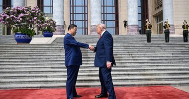 Trump walked over to Xi, who was waiting by the steps, and the pair shook hands, with Trump warmly patting the Chinese leader's hand as they exchanged a few words