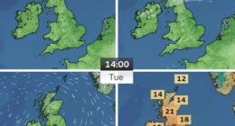 The Met Office has warned that sweltering temperatures could reach up to 36C in the south east of England by 2pm on Tuesday