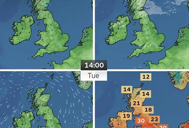 The Met Office has warned that sweltering temperatures could reach up to 36C in the south east of England by 2pm on Tuesday