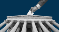 a hand dropping off a ballot imposed over a picture of the Supreme Court