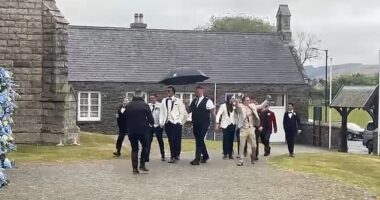 Venezuela Fury's fiancé Noah Price was seen arriving in his white tuxedo alongside his groomsmen at the lavishly-decorated church on Saturday