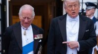 President Donald Trump and  King Charles III share a joke before a State Dinner in the East Room of the White House on April 28, 2026