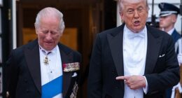 President Donald Trump and  King Charles III share a joke before a State Dinner in the East Room of the White House on April 28, 2026