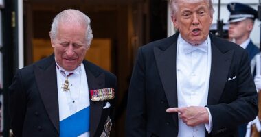 President Donald Trump and  King Charles III share a joke before a State Dinner in the East Room of the White House on April 28, 2026