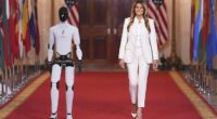 First Lady Melania Trump (right) made a grand entrance at her Fostering the Future Together White House event Wednesday, alongside Figure 3 (left), a humanoid robot made in the United States