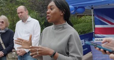 Kemi Badenoch was confronted by a heckler while out canvassing in Essex yesterday