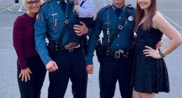 Arkansas State Police trooper Austin Kennedy and his wife Alana (right) with Austin's parents Mike and Janai Kennedy and their son Aaron. Alana and Austin exchanged nasty court filings in their divorce case