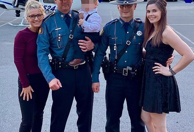 Arkansas State Police trooper Austin Kennedy and his wife Alana (right) with Austin's parents Mike and Janai Kennedy and their son Aaron. Alana and Austin exchanged nasty court filings in their divorce case