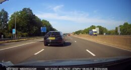 The dashcam footage (pictured), obtained exclusively by the Daily Mail, shows the ex-Liverpool and Manchester City forward pull in front on another motorist without indicating on the M3 in Hampshire