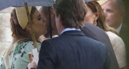 Prince William leans in to kiss Princess Beatrice on the cheek at Peter Phillips and Harriet Sperling's wedding in Kemble yesterday