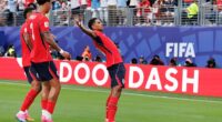 Jude Bellingham celebrates scoring England's first goal against Panama on Saturday night