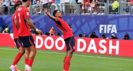 Jude Bellingham celebrates scoring England's first goal against Panama on Saturday night