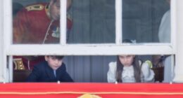 Prince Louis, eight, and Princess Charlotte, 11, were spotted peeking out the window before heading on the balcony at Trooping the Colour today