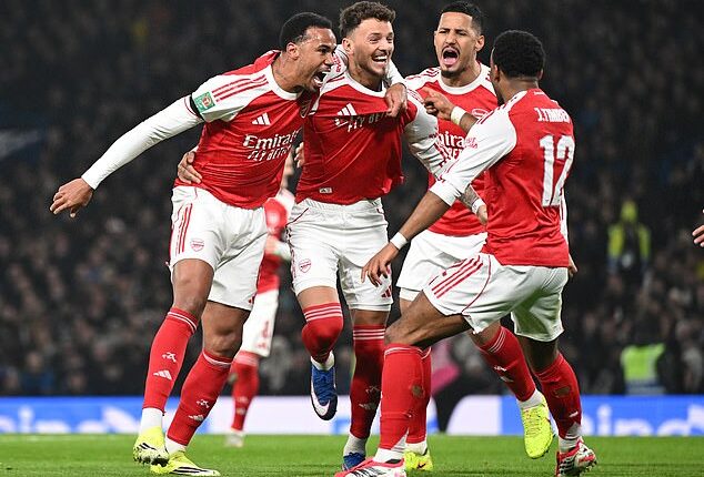Arsenal defender William Saliba (second left) could miss the World Cup through injury