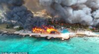 A drone view shows a fire at the Viva Wyndham Dominicus Beach Hotel in Bayahibe, La Altagracia, Dominican Republi