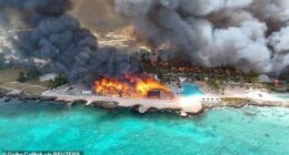 A drone view shows a fire at the Viva Wyndham Dominicus Beach Hotel in Bayahibe, La Altagracia, Dominican Republi
