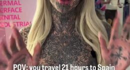Australia's most tattooed woman, Amber Luke (pictured), has revealed she has travelled to Spain to get body modification work which is illegal in Australia