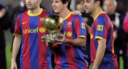 Champions League and Barcelona legend Xavi (right) surprised a fan at the Champions League final on Saturday
