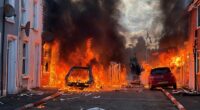 Lendrick Street in east Belfast was engulfed in flames, with multiple cars and at least one house ablaze