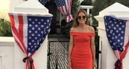 Binky Felstead, 36, stunned in a red minidress as she enjoyed a lavish early 4th of July bash during the London heatwave this weekend