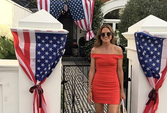 Binky Felstead, 36, stunned in a red minidress as she enjoyed a lavish early 4th of July bash during the London heatwave this weekend