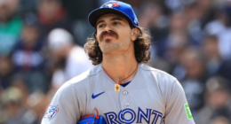 Dylan Cease #84 of the Toronto Blue Jays looks on during the third inning against the Chicago White Sox at Rate Field on April 03, 2026 in Chicago, Illinois. (Photo by Justin Casterline/Getty Images)