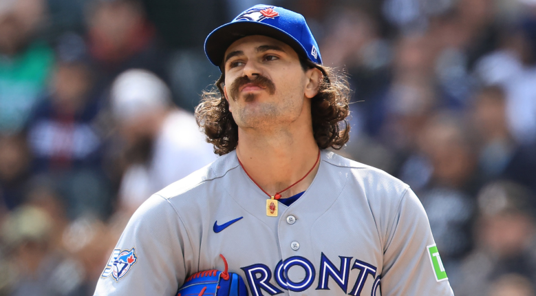 Dylan Cease #84 of the Toronto Blue Jays looks on during the third inning against the Chicago White Sox at Rate Field on April 03, 2026 in Chicago, Illinois. (Photo by Justin Casterline/Getty Images)