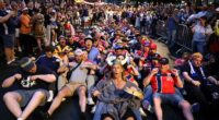 Scottish and Norwegian fans react as they gather on the eve of the 2026 World Cup Group C football match between Morocco and Scotland in Boston