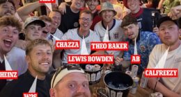 Ethan Payne, better known online as Behzinga (bottom centre), also attended England's opening game of the tournament with several other UK-based YouTuber's and streamers