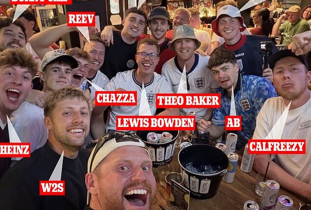 Ethan Payne, better known online as Behzinga (bottom centre), also attended England's opening game of the tournament with several other UK-based YouTuber's and streamers