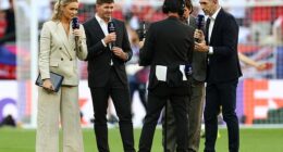 Laura Woods is pictured at the Champions League final along with pundits Steven Gerrard, Owen Hargreaves and Martin Keown