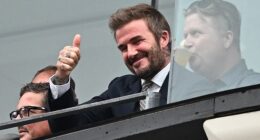 Celebs packed the New York-New Jersey Stadium as England took on Panama in their third World Cup game on Saturday - going on to land a 2-0 win - David Beckham gives a thumbs up